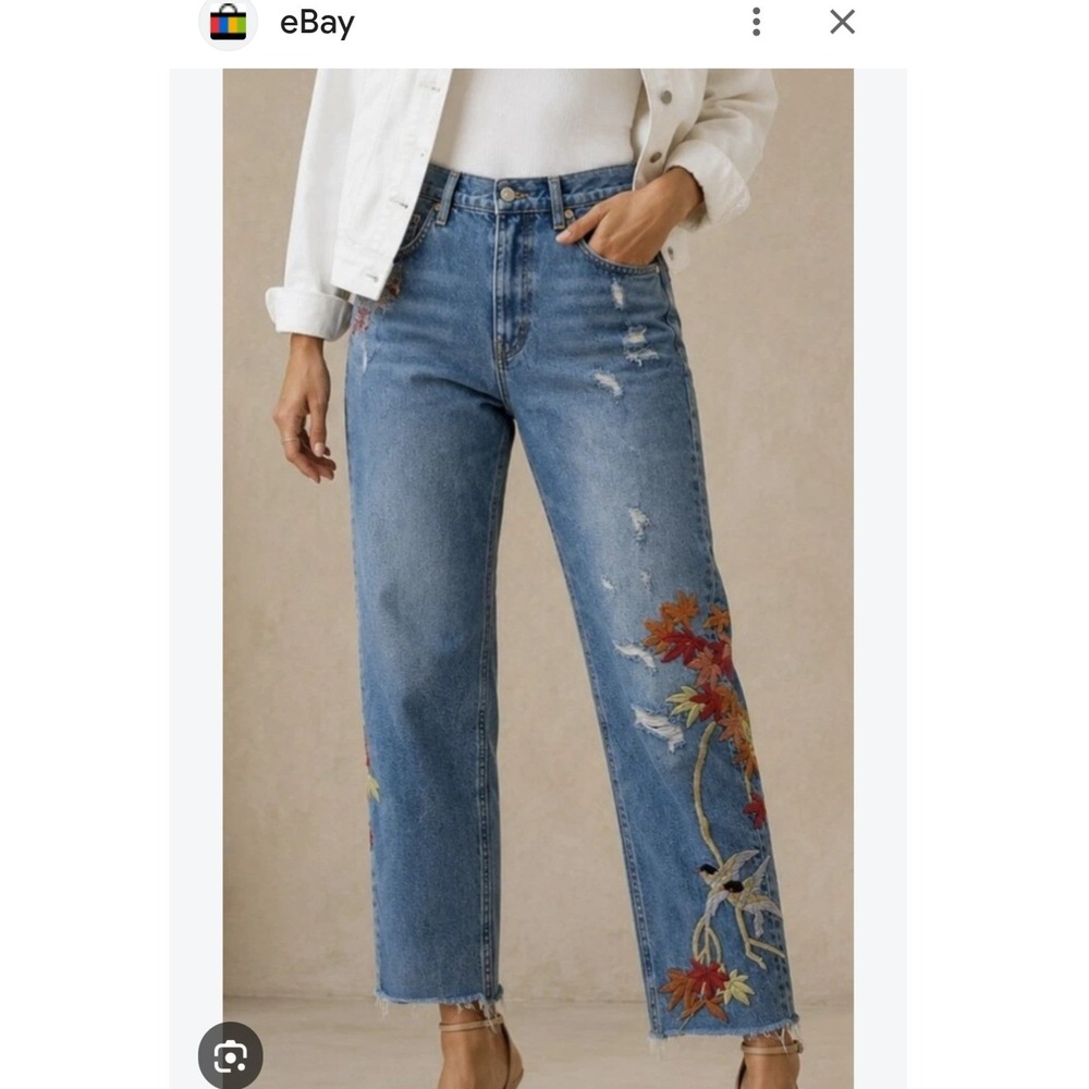 Zara Real High Rise Relaxed Satin Embroidery Bird Leaf Distressed Jeans Sz 8 40